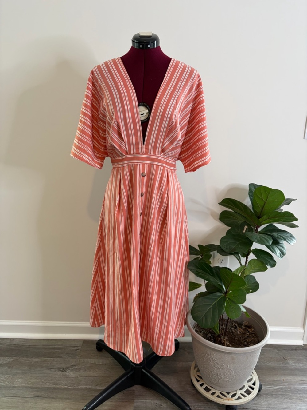 She + Sky Coral and Cream Striped Midi Dress